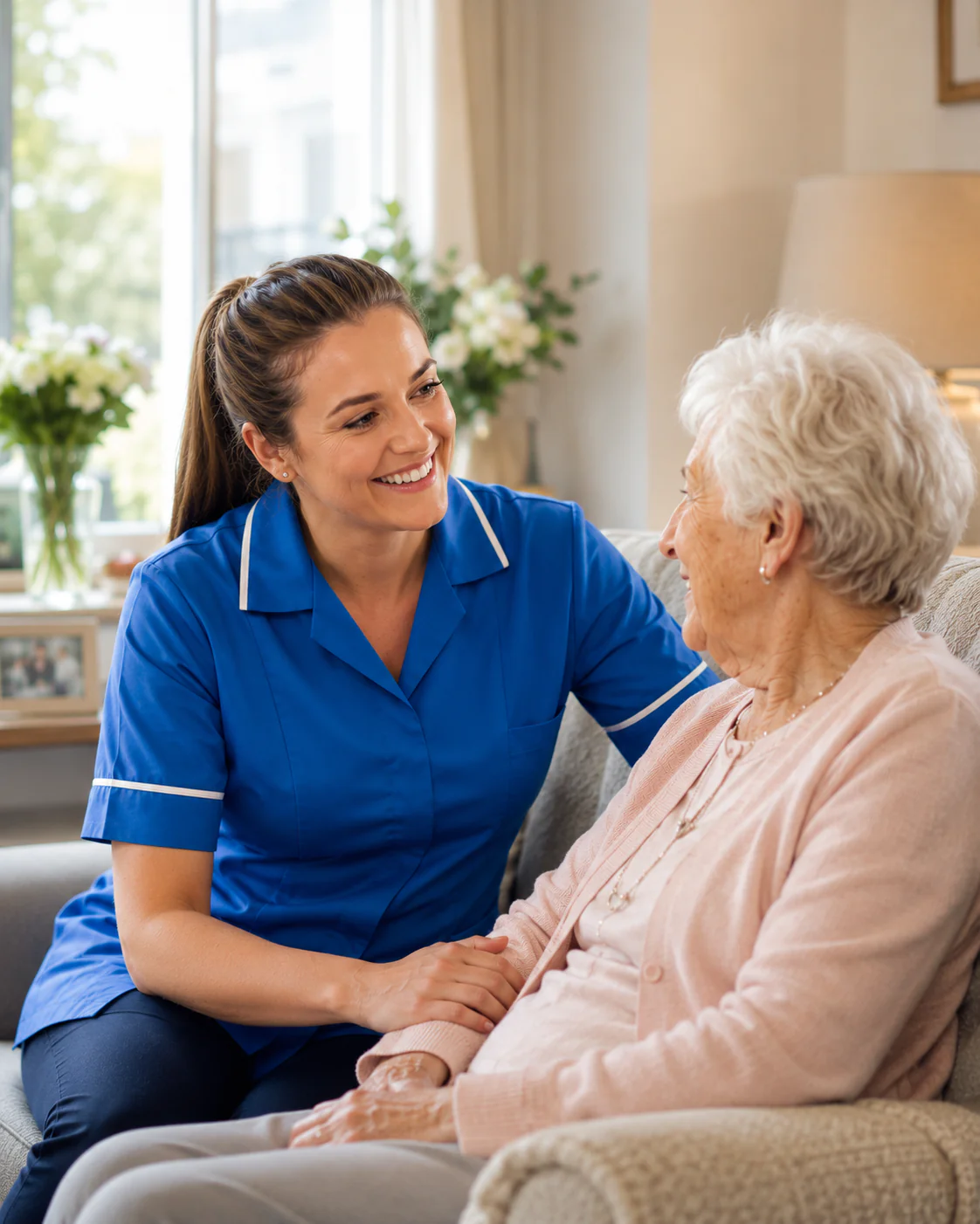 Smiling healthcare assistant providing home care support, representing Advantage Angels' UK care team